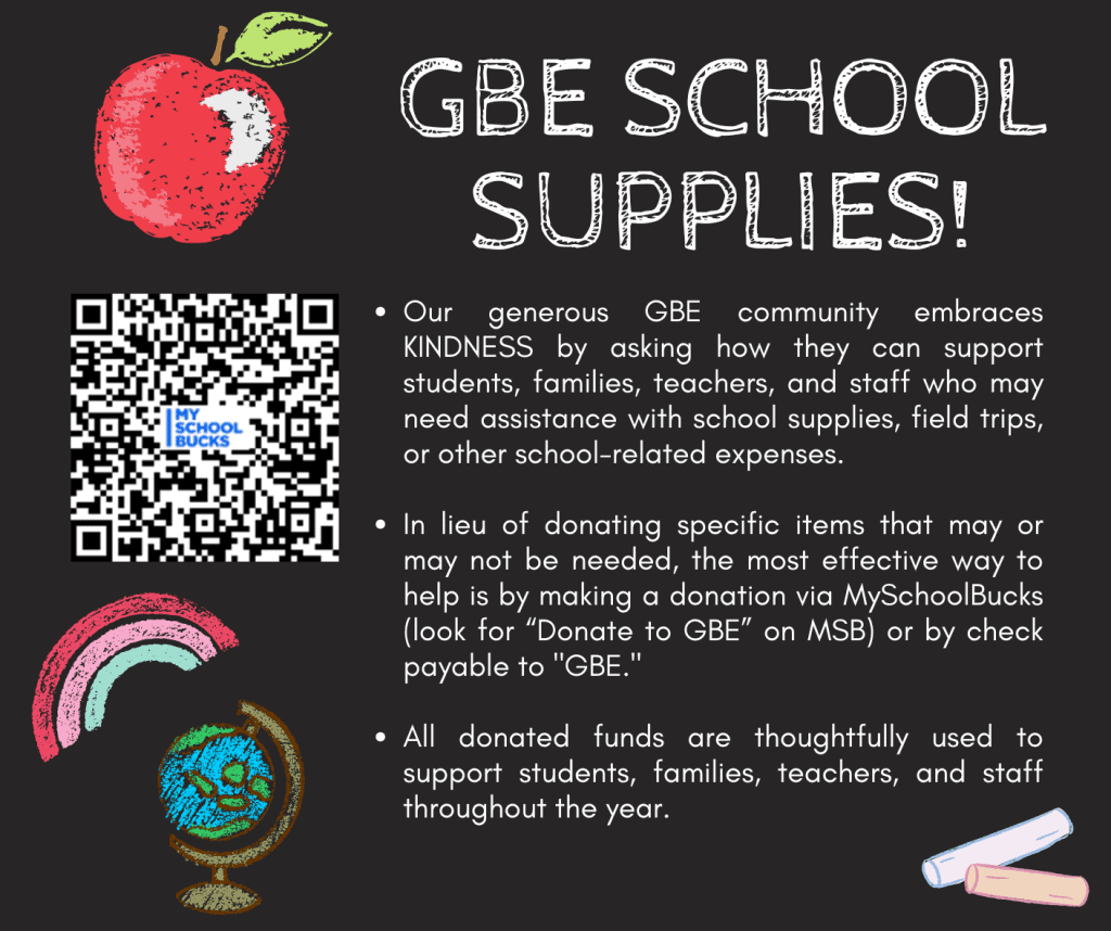 GBE school supplies graphic and QR code for MySchoolBucks donations.