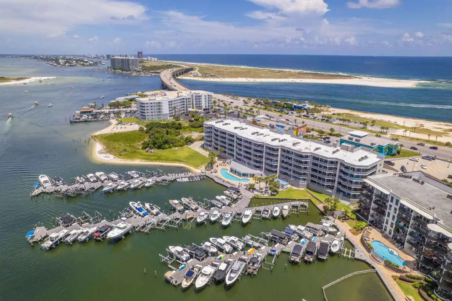 Aerial view of waterfront homes and canals in Orange Beach, AL