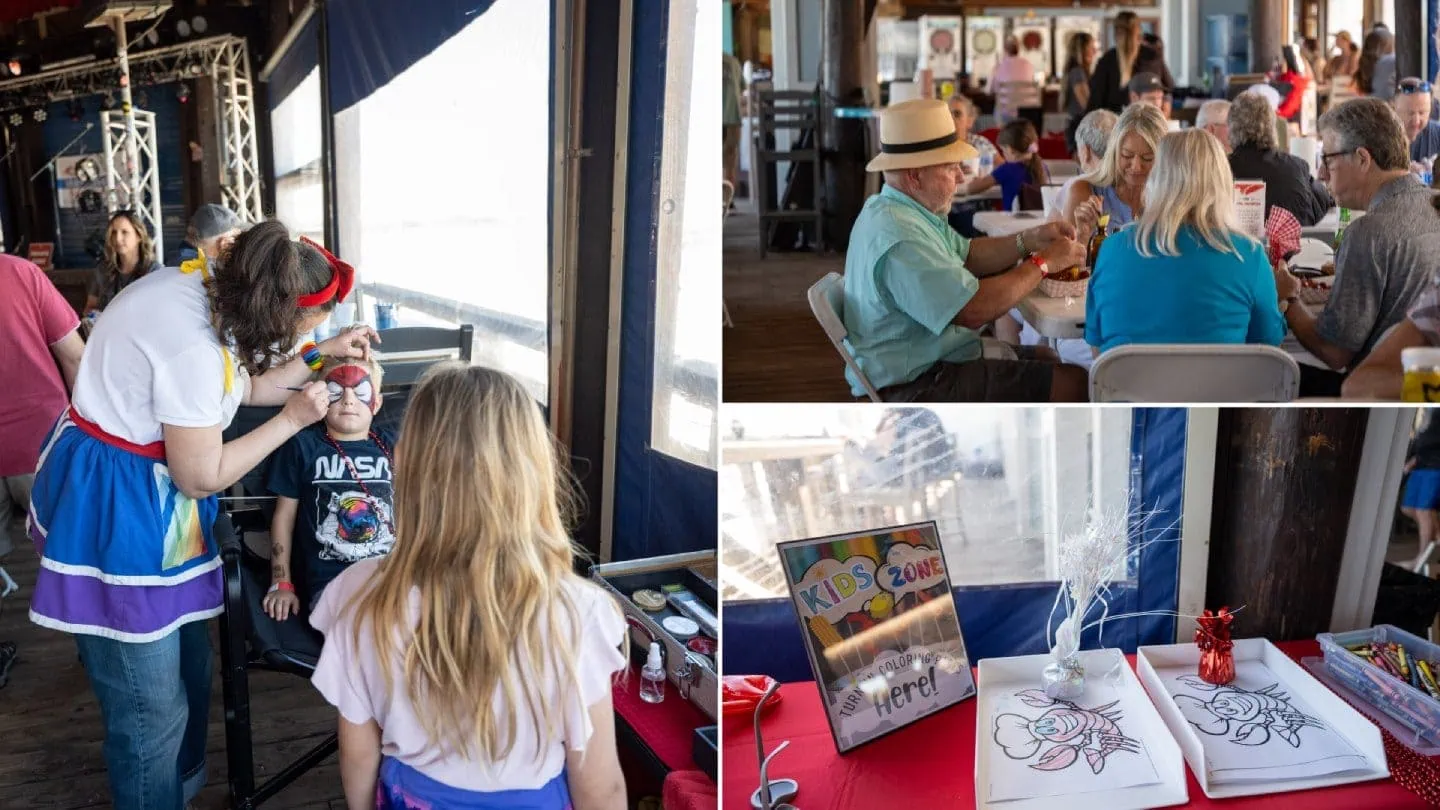The Talley Group crawfish boil event on Pensacola Beach, featuring face painting and kids' zone