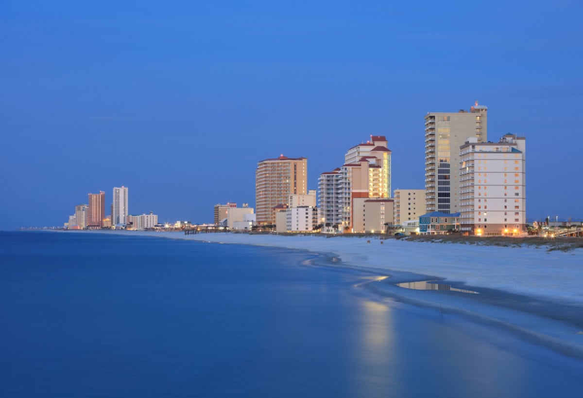 Gulf Shores coastline with beachfront condos and homes along the Alabama Gulf Coast