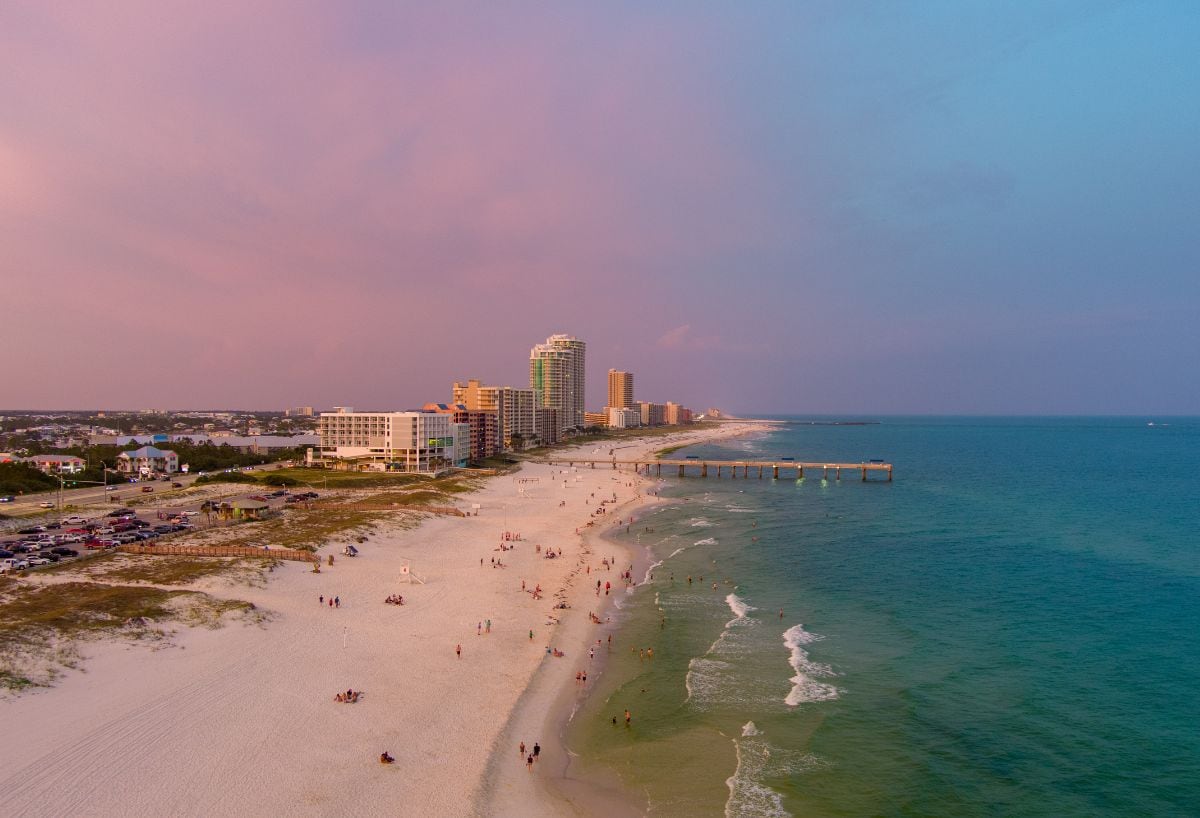 Orange Beach coastline and beachfront condos along the Alabama Gulf Coast