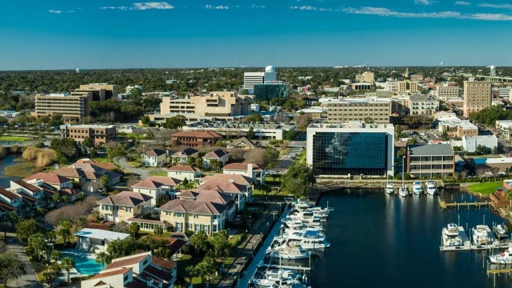 Aerial view of Pensacola waterfront and cityscape, showcasing neighborhoods and Gulf Coast lifestyle.