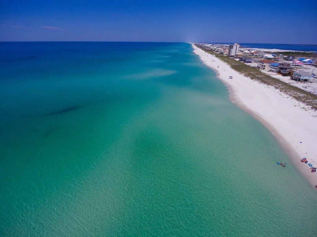 Aerial view of Pensacola Beach coastline and homes, illustrating leasehold property considerations.