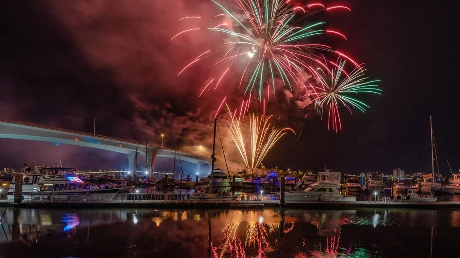 Fireworks display over Pensacola Beach waterfront, Gulf Coast summer celebration.