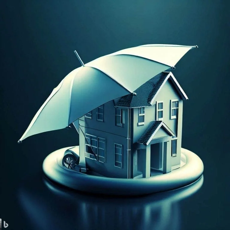 Luxury home protected by umbrella representing insurance coverage.