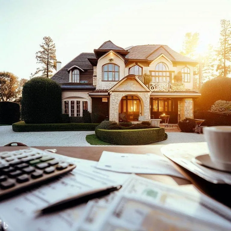Luxury home exterior with financial documents and calculator, illustrating tax and liability considerations.